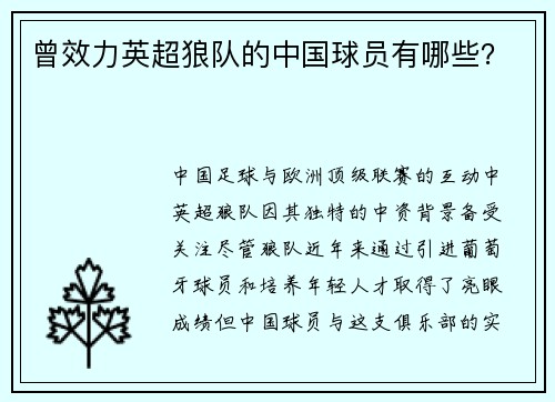 曾效力英超狼队的中国球员有哪些？